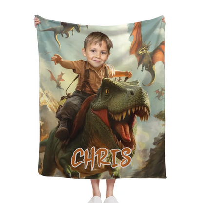 Custom Dinosaur Blankets Personalized Boy Riding Dinosaur Blanket