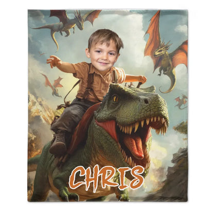 Custom Dinosaur Blankets Personalized Boy Riding Dinosaur Blanket