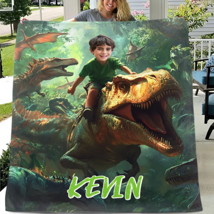 Custom Dinosaur Blankets Personalized Boy Riding Dinosaur Blanket