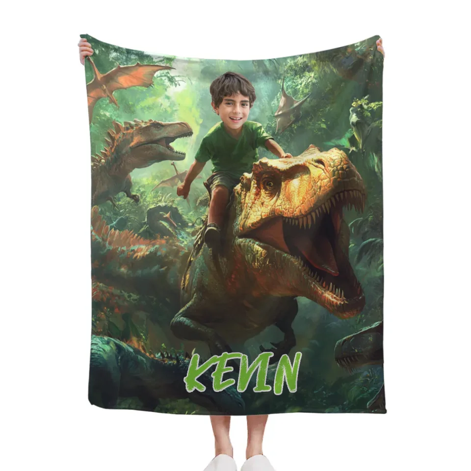 Custom Dinosaur Blankets Personalized Boy Riding Dinosaur Blanket