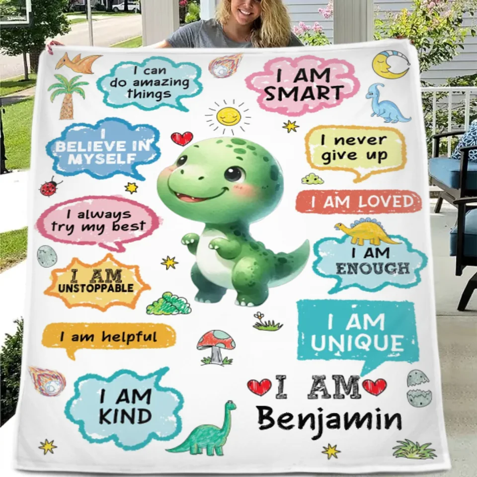 Personalized Name Custom Cartoon Dinosaur Blanket - Gift for Grandchildren