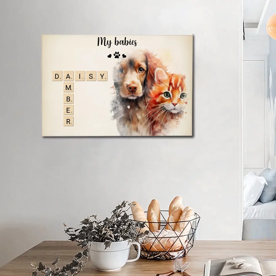 Custom Pet Wall Art - Personalized Name Crossword Puzzle And Decorative Canvas Painting With Pet Photo - Unique Gift For Pet Owner