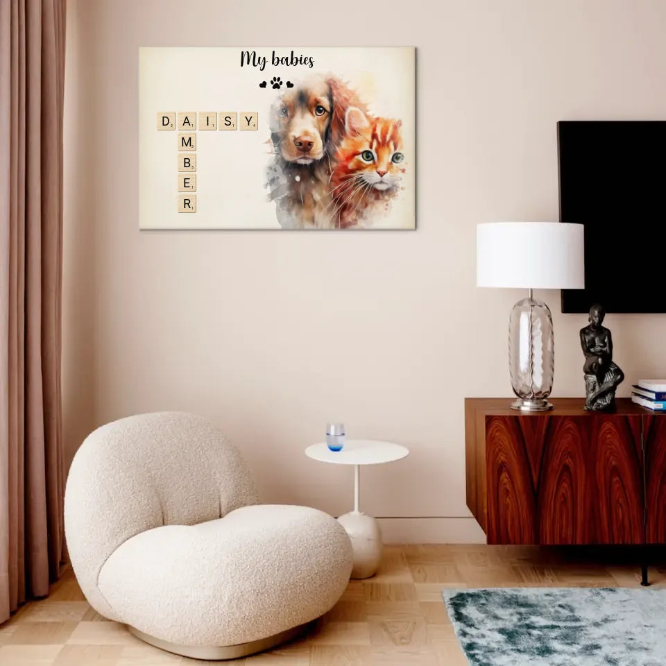 Custom Pet Wall Art - Personalized Name Crossword Puzzle And Decorative Canvas Painting With Pet Photo - Unique Gift For Pet Owner