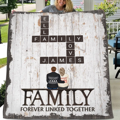 Customized Family Blankets - Soft Blanket With Personalized Family Figures And Scrabble Words - A Gift For Family