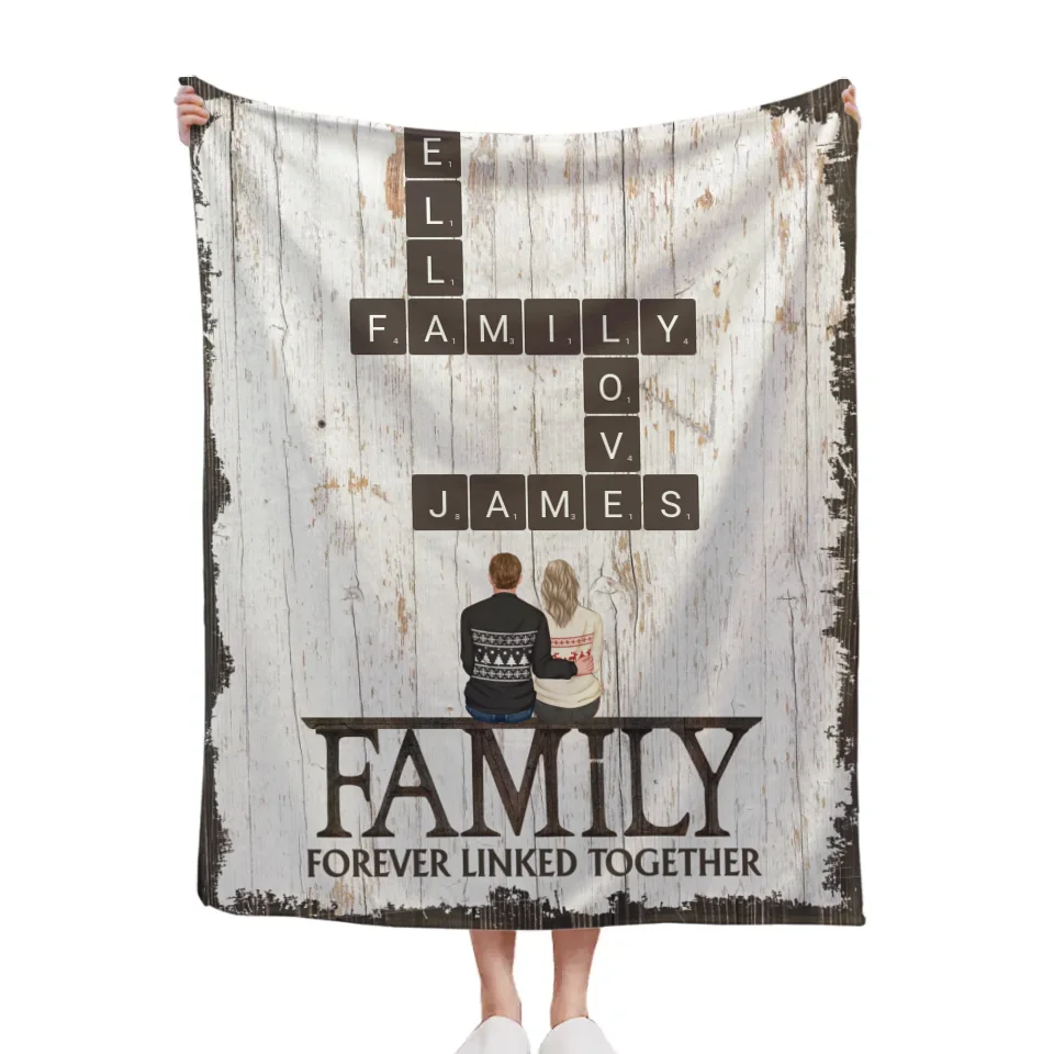 Customized Family Blankets - Soft Blanket With Personalized Family Figures And Scrabble Words - A Gift For Family