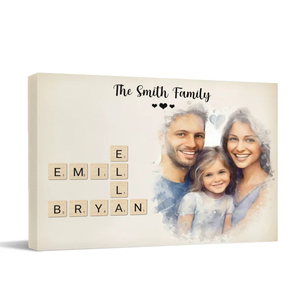 Customized Family Portrait Wall Art - Personalized Name Crossword Puzzle And Decorative Canvas Painting With Family Photo - A Cozy Gift Family