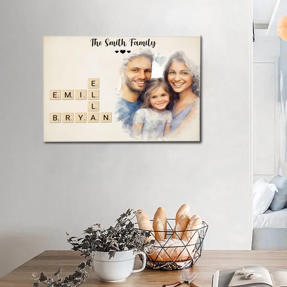 Customized Family Portrait Wall Art - Personalized Name Crossword Puzzle And Decorative Canvas Painting With Family Photo - A Cozy Gift Family