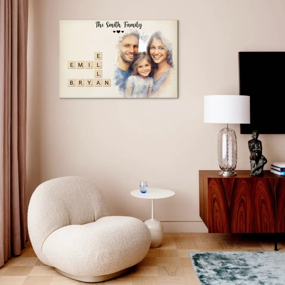 Customized Family Portrait Wall Art - Personalized Name Crossword Puzzle And Decorative Canvas Painting With Family Photo - A Cozy Gift Family