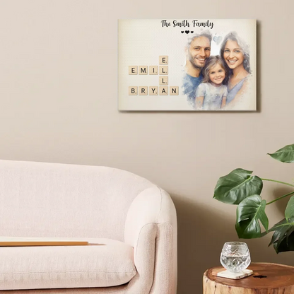 Customized Family Portrait Wall Art - Personalized Name Crossword Puzzle And Decorative Canvas Painting With Family Photo - A Cozy Gift Family