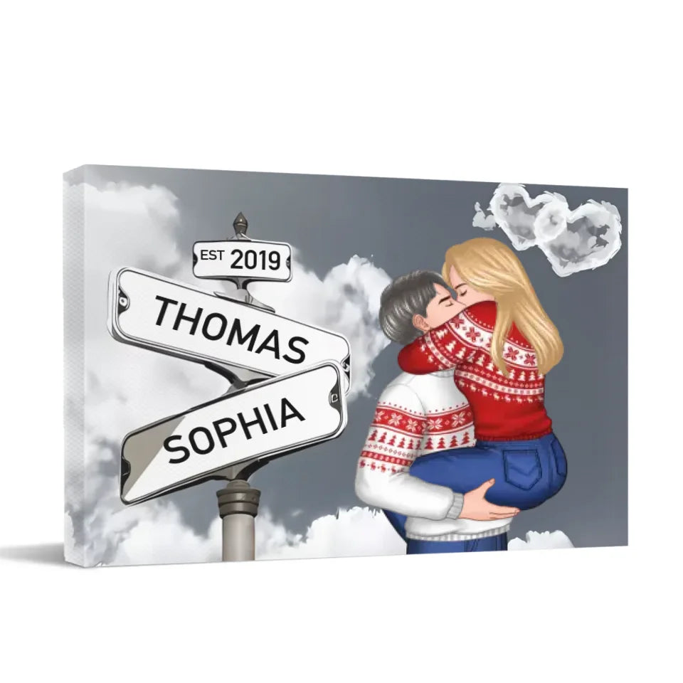 Customized Couple Character Wall Art - Decorative Canvas Painting With Personalized Name And Cartoon Couple Characters - Commemorative Gift