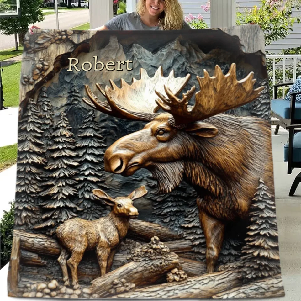 Hunting Theme Custom Blanket - Artistic Engraved Effect Blanket With Personalized Name - A Gift For Friend