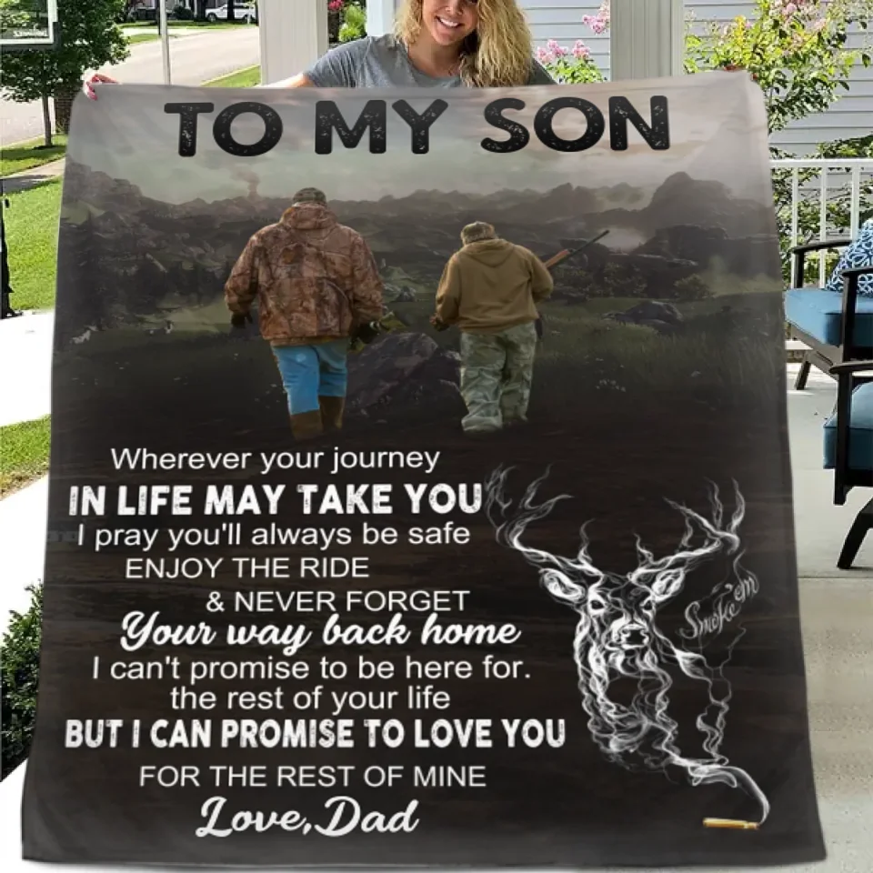 Hunting-themed Customized Blankets - Warm Text Personalized Flannel Blanket With Giver's And Recipient's Name Or Designation - Gifts Of Love For Son, Daughter, Family