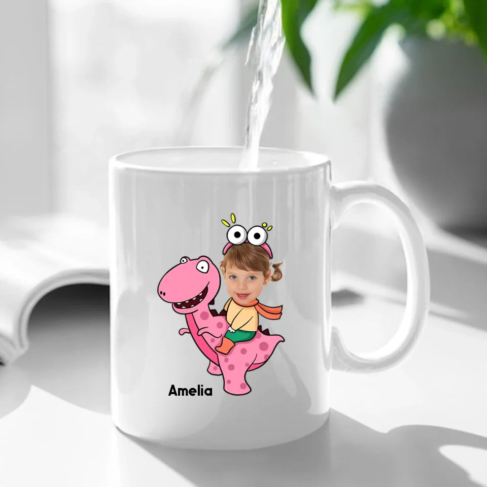 Customized Cute Dinosaur Mug - Two Color Small Dinosaur Personalized Name And Photo Mugs - A Gift For Cute Little Kids,Dinosaur Lovers