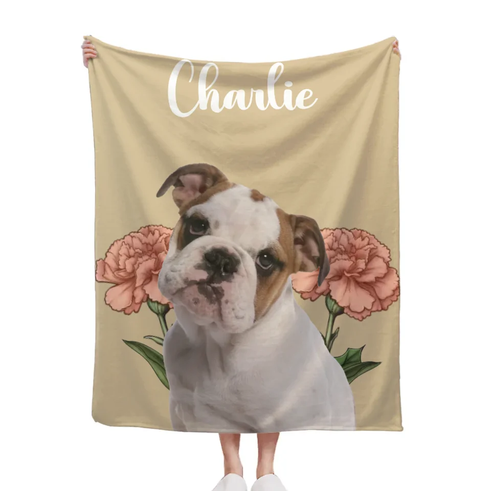 Customized Pet Portrait Blanket - Personalized Pet Name, Photo and Birthday Flower Flannel Blanket - Warm Gift For Pet Owners,pet Lovers