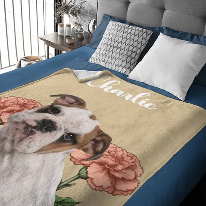 Customized Pet Portrait Blanket - Personalized Pet Name, Photo and Birthday Flower Flannel Blanket - Warm Gift For Pet Owners,pet Lovers