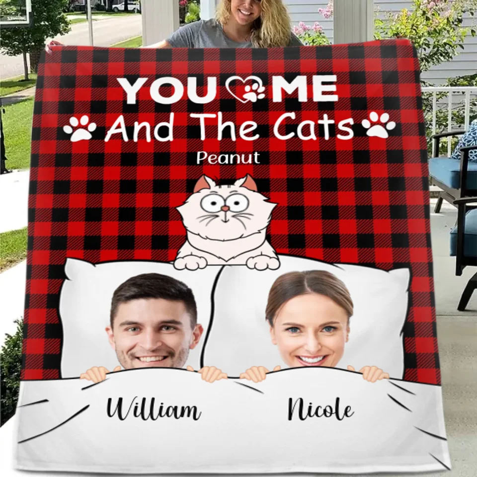 Customized Couple Photo Blanket - Personalized Couple's Photo, Name and Cat Cartoon Blanket - A Gift for Couples,Wife, Husband