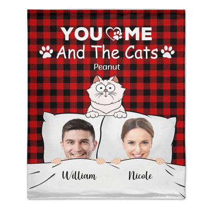 Customized Couple Photo Blanket - Personalized Couple's Photo, Name and Cat Cartoon Blanket - A Gift for Couples,Wife, Husband