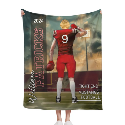 Custom Football Blankets - Personalized Commemorative Blanket with Athlete Cartoon Image, Name, Number & Year, Gift for Footballers & Sports Fans