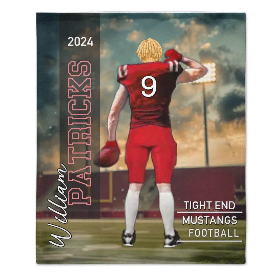 Custom Football Blankets - Personalized Commemorative Blanket with Athlete Cartoon Image, Name, Number & Year, Gift for Footballers & Sports Fans