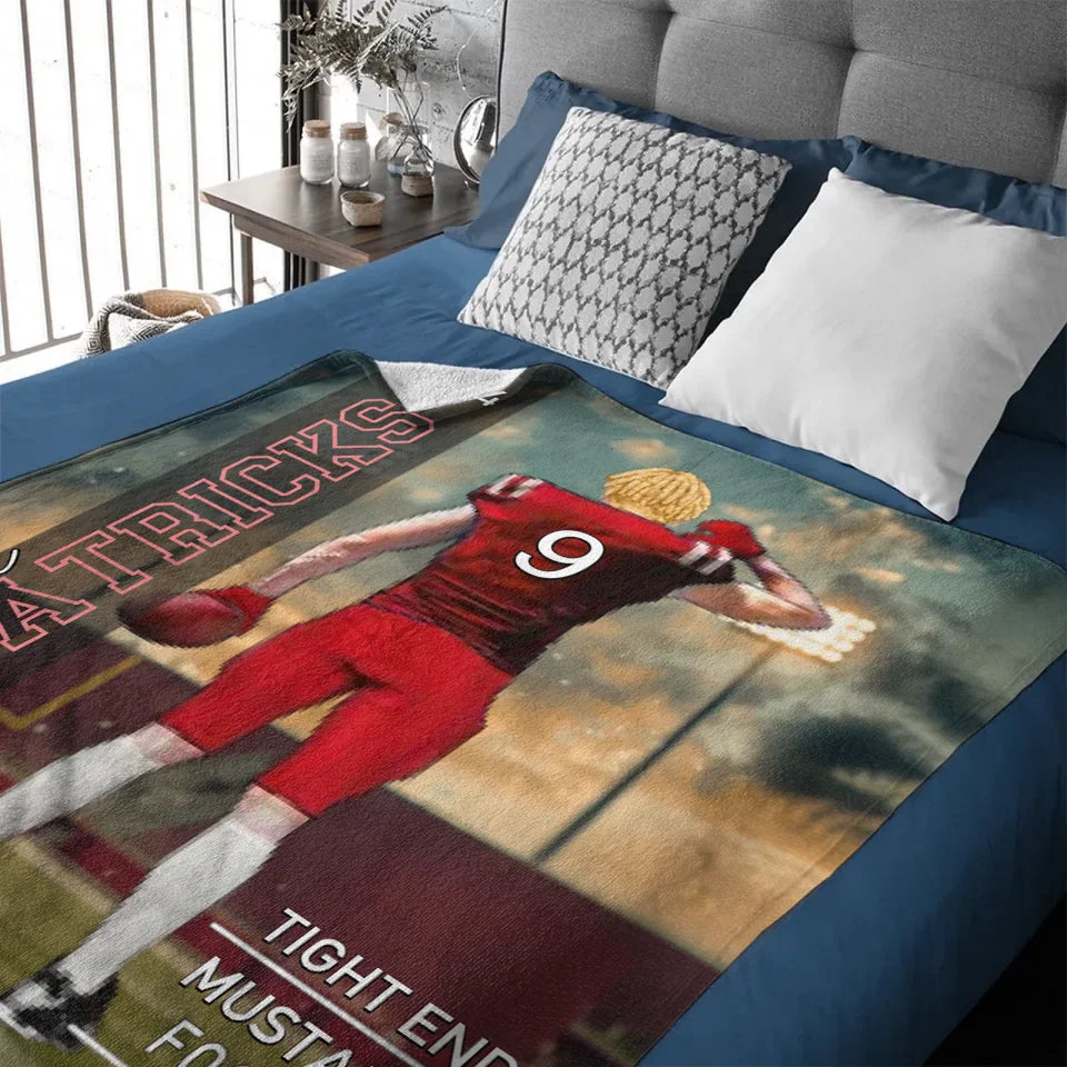 Custom Football Blankets - Personalized Commemorative Blanket with Athlete Cartoon Image, Name, Number & Year, Gift for Footballers & Sports Fans