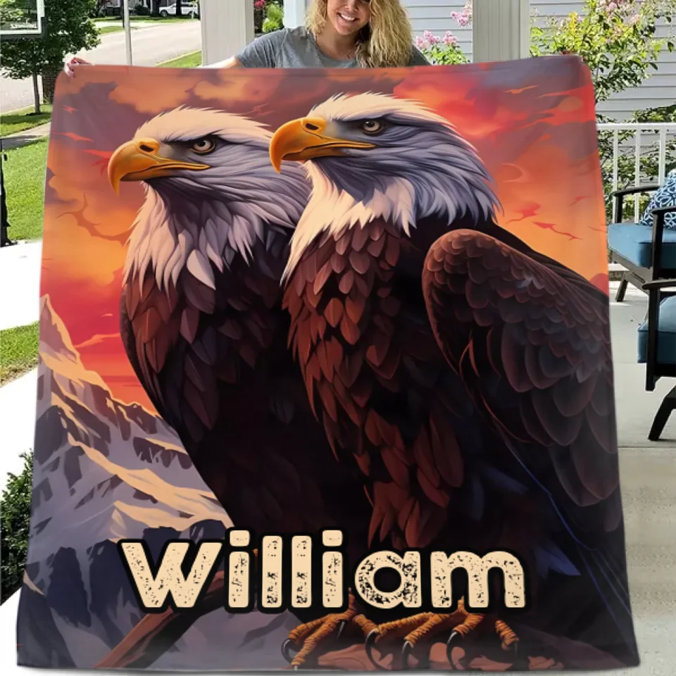 Custom Eagle Blanket - Personalized Name Sunset Background Eagle Blanket - A Gift For Bird Lover,Eagle Lover,Friend