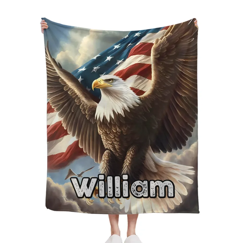 Custom Eagle Blanket - Personalized Name American Flag and Eagle in the Sky Blanket - A Gift For Bird Lover,Eagle Lover,Friend