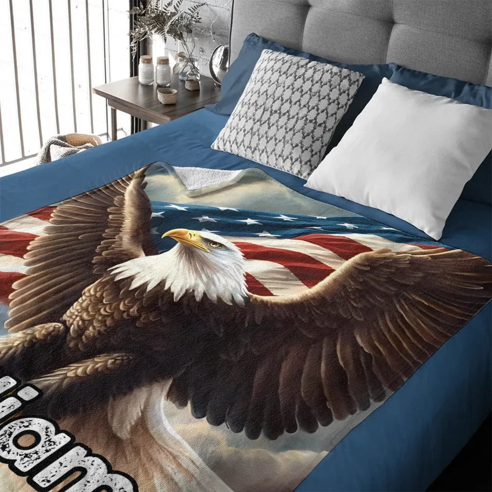 Custom Eagle Blanket - Personalized Name American Flag and Eagle in the Sky Blanket - A Gift For Bird Lover,Eagle Lover,Friend