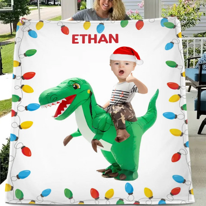 Personalized Riding Dinosaur Blanket, Customized Photo, - Fun Family Gifts