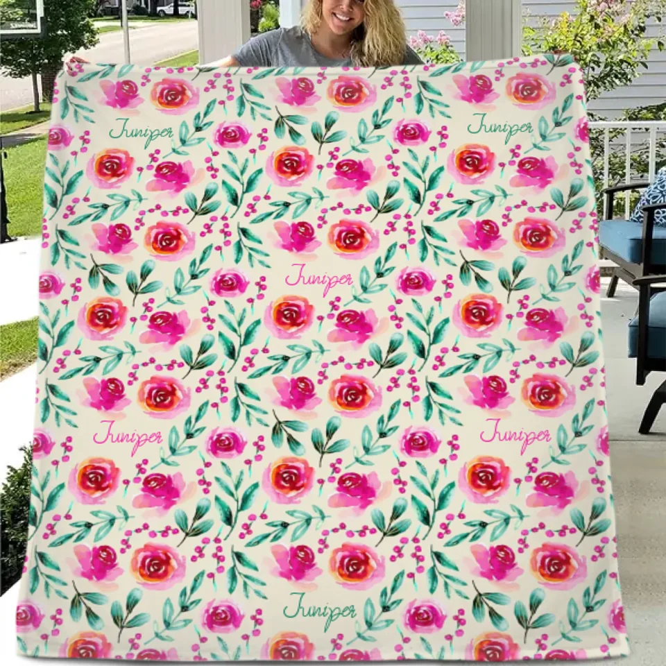 Customized Floral Blanket - Personalized Name Watercolor Style Floral Pattern Blanket - A Gift For Girl,Baby,Children