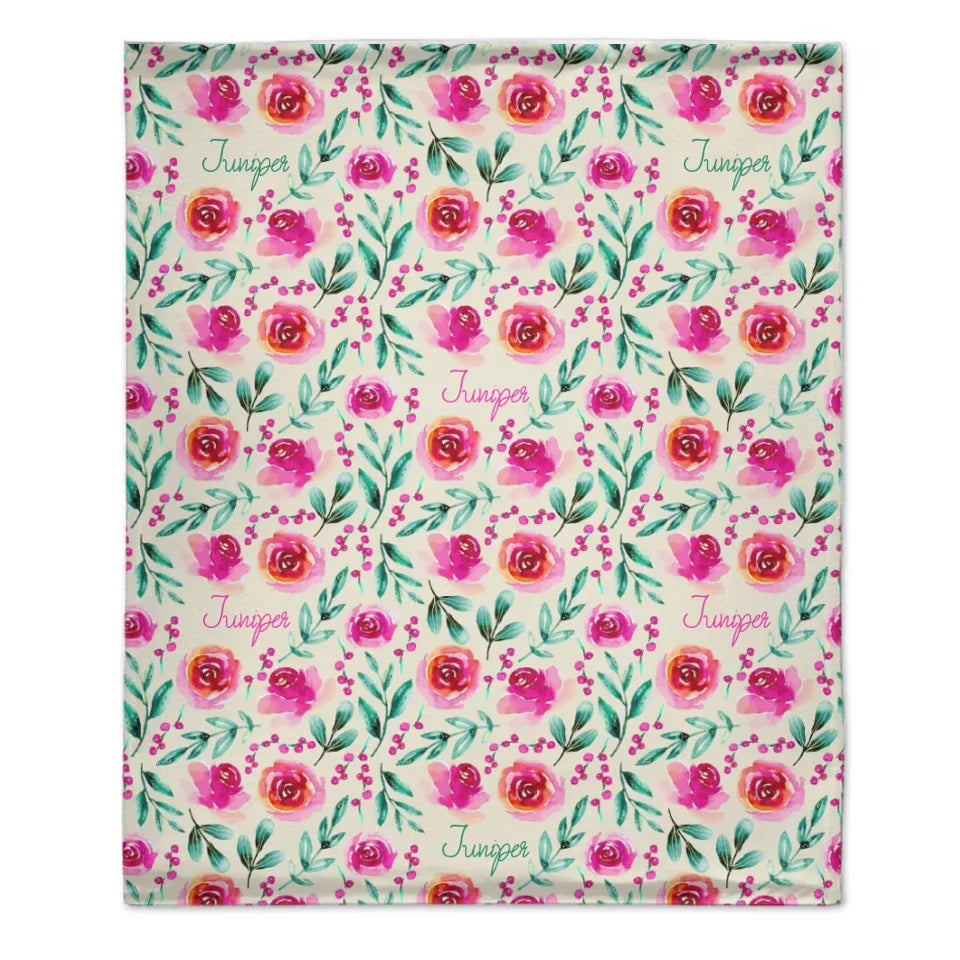 Customized Floral Blanket - Personalized Name Watercolor Style Floral Pattern Blanket - A Gift For Girl,Baby,Children