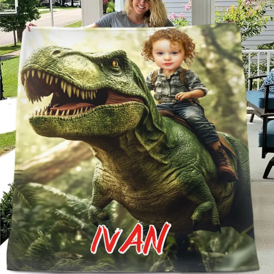 Custom Dinosaur Blankets Personalized Boy Riding Dinosaur Blanket