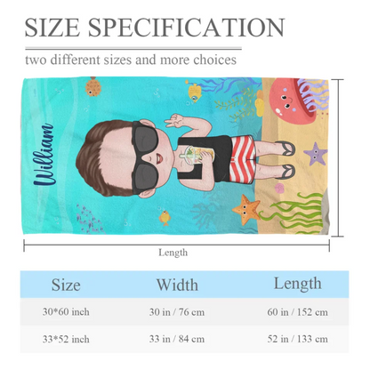 Customized Cartoon Character Bath  - Personalized Cartoon Character Image and Name Ocean Themed Beach Towel - A Gift For Children,Friend,BFF,Family