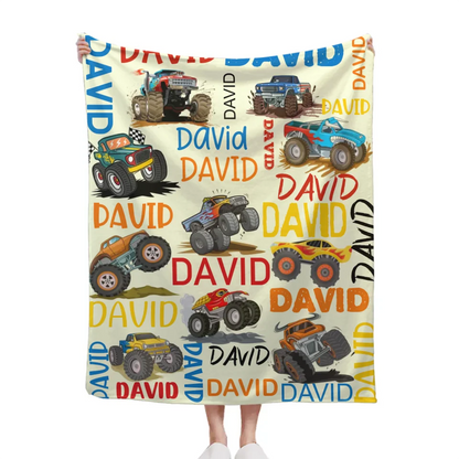 Monster Trucks Cars Motorcycles Collection - Customized Kids Name Blanket