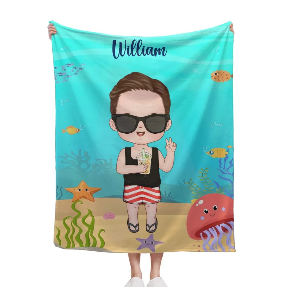 Customized Cartoon Character Blanket - Personalized Cartoon Character Image and Name Ocean Themed Blanket - A Gift For Children,Friend,BFF,Family