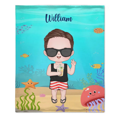 Customized Cartoon Character Blanket - Personalized Cartoon Character Image and Name Ocean Themed Blanket - A Gift For Children,Friend,BFF,Family