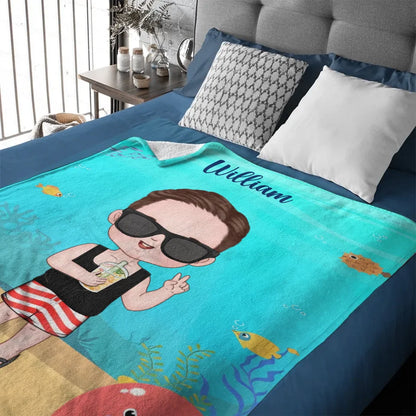 Customized Cartoon Character Blanket - Personalized Cartoon Character Image and Name Ocean Themed Blanket - A Gift For Children,Friend,BFF,Family