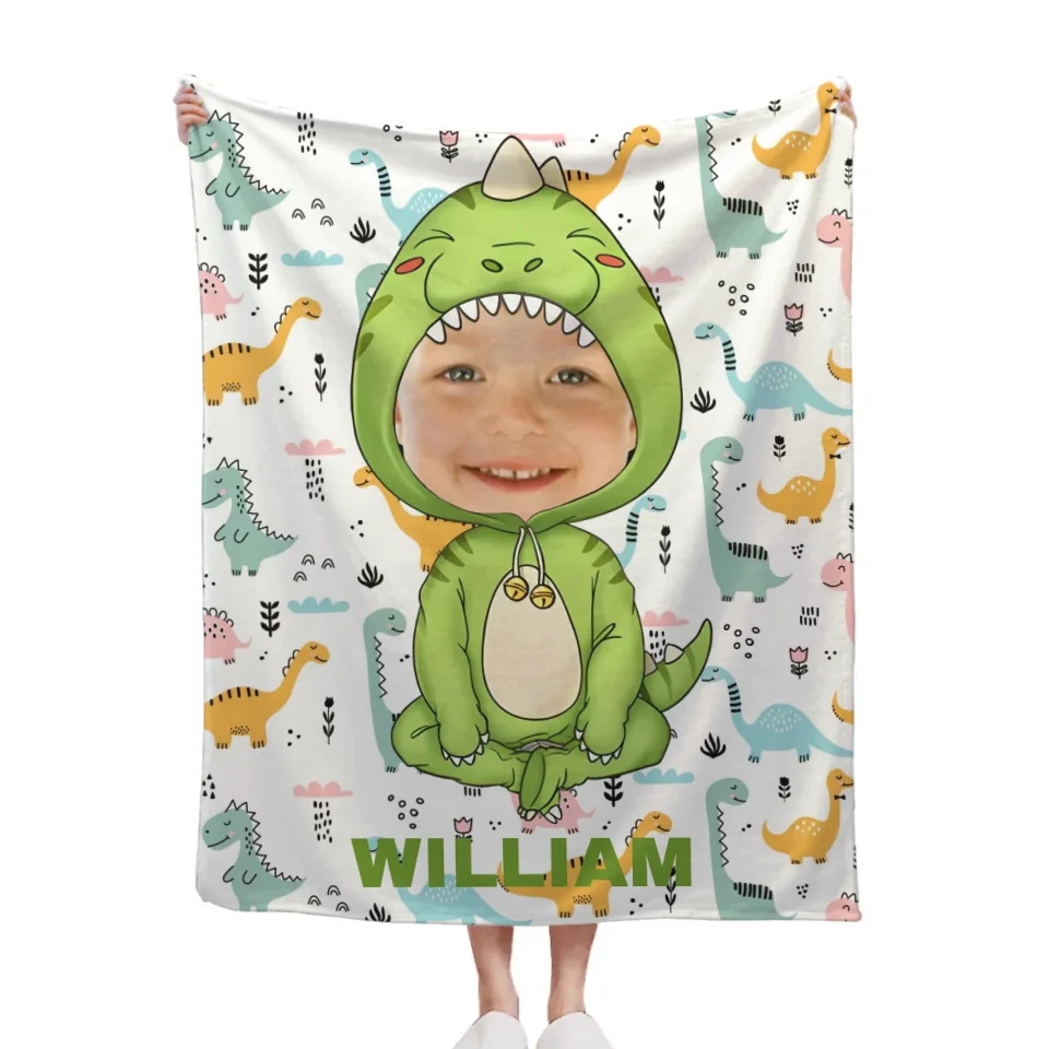 Customised Dinosaur Blanket - Personalised Name and Photo Dinosaur Clothes Pattern Blanket - A Gift For Children,Grandchildren,Boy,Girl,Dinosaur Lovers