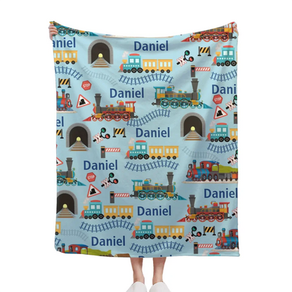 Customised Railway Train Blanket - Personalised Name Railway Train Pattern Blue Blanket - A Gift For Children,Boy,Baby,Train Lover