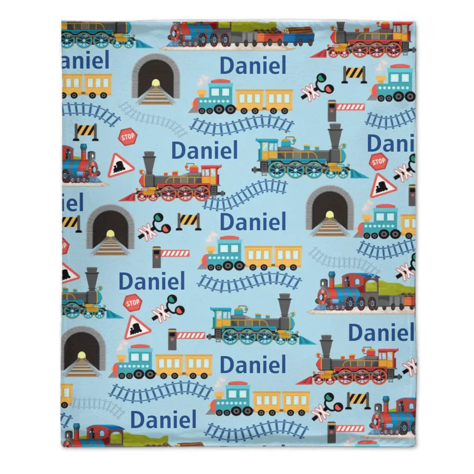 Customised Railway Train Blanket - Personalised Name Railway Train Pattern Blue Blanket - A Gift For Children,Boy,Baby,Train Lover