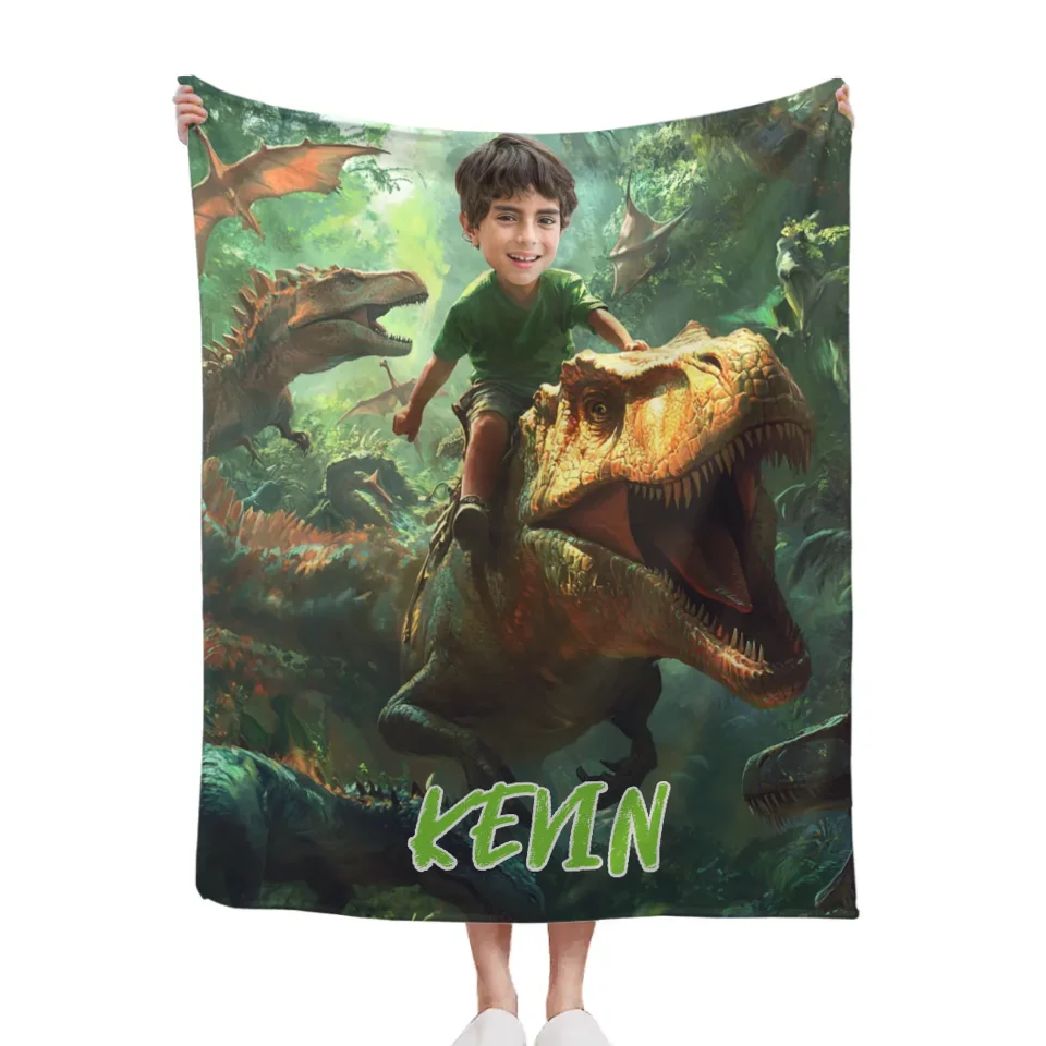 Custom Dinosaur Blankets Personalized Boy Riding Dinosaur Blanket