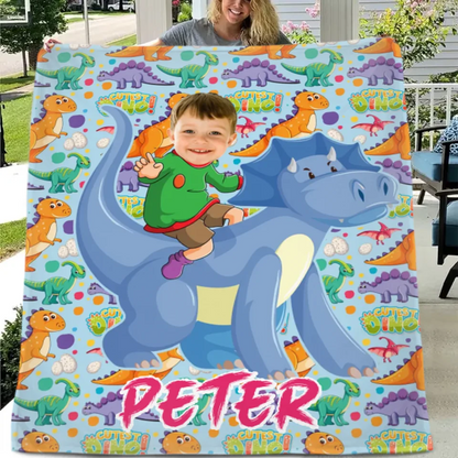 Customized Dinosaur Blanket - Personalized Photo and Name Dinosaur Rider Flannel Blanket - A Gift For Children,Boy,Girl