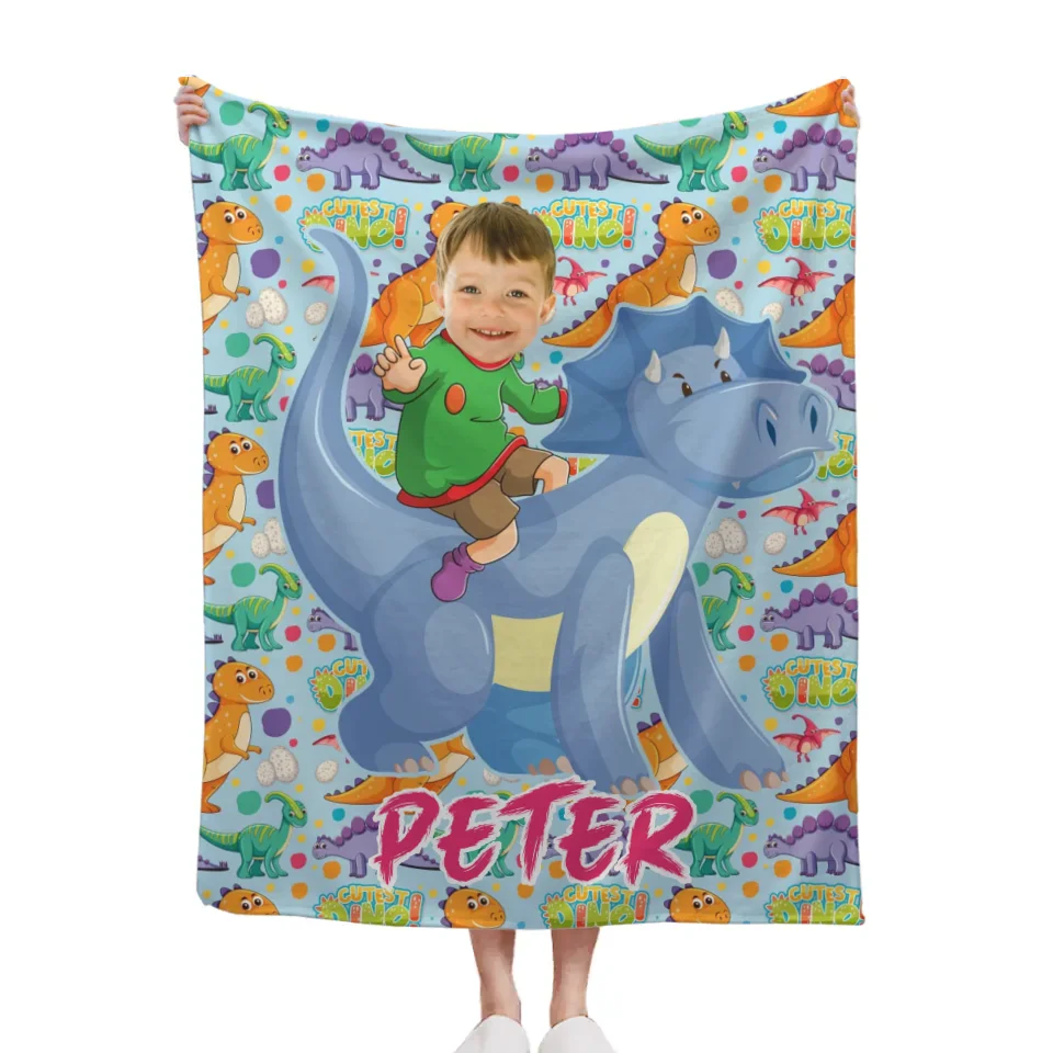 Customized Dinosaur Blanket - Personalized Photo and Name Dinosaur Rider Flannel Blanket - A Gift For Children,Boy,Girl