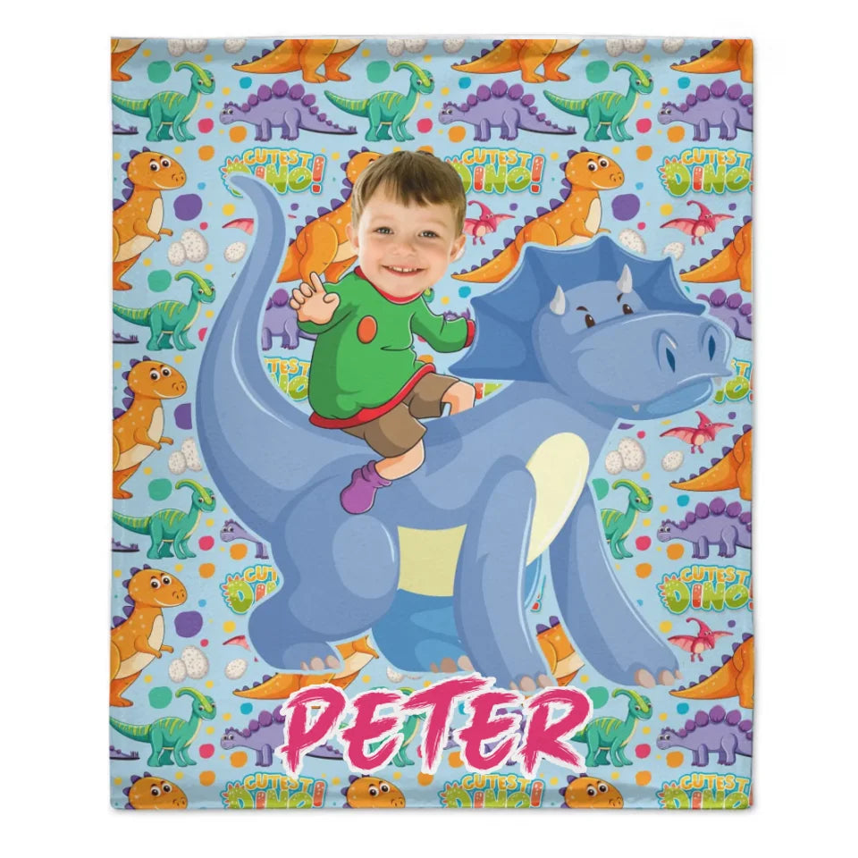 Customized Dinosaur Blanket - Personalized Photo and Name Dinosaur Rider Flannel Blanket - A Gift For Children,Boy,Girl