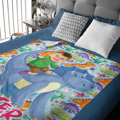 Customized Dinosaur Blanket - Personalized Photo and Name Dinosaur Rider Flannel Blanket - A Gift For Children,Boy,Girl