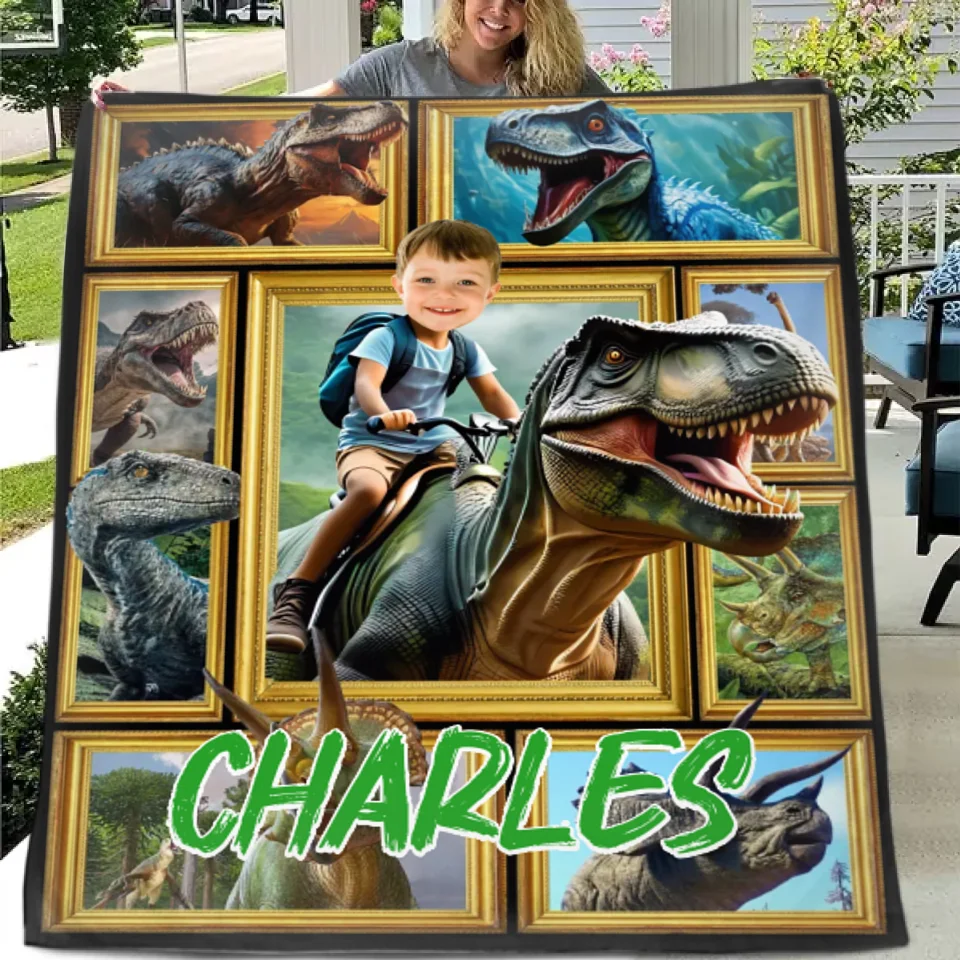 Customized Dinosaur Blanket - Personalized Name and Photo Riding Dinosaur Themed Flannel Blanket - A Gift For Children,Boy,Classmate