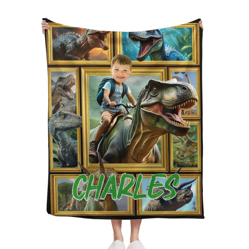 Customized Dinosaur Blanket - Personalized Name and Photo Riding Dinosaur Themed Flannel Blanket - A Gift For Children,Boy,Classmate