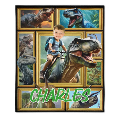 Customized Dinosaur Blanket - Personalized Name and Photo Riding Dinosaur Themed Flannel Blanket - A Gift For Children,Boy,Classmate