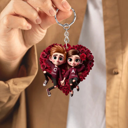 Customized Rose Heart Couple Keychain - Personalized Name and Couple Character Decorated Heart Keychain - A Gift For Couples,Wife,Husband,Girlfriend,Boyfriend,Her,Him