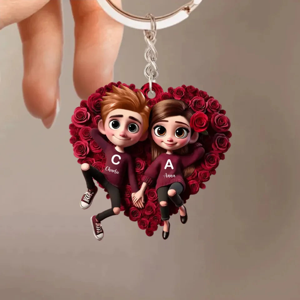 Customized Rose Heart Couple Keychain - Personalized Name and Couple Character Decorated Heart Keychain - A Gift For Couples,Wife,Husband,Girlfriend,Boyfriend,Her,Him