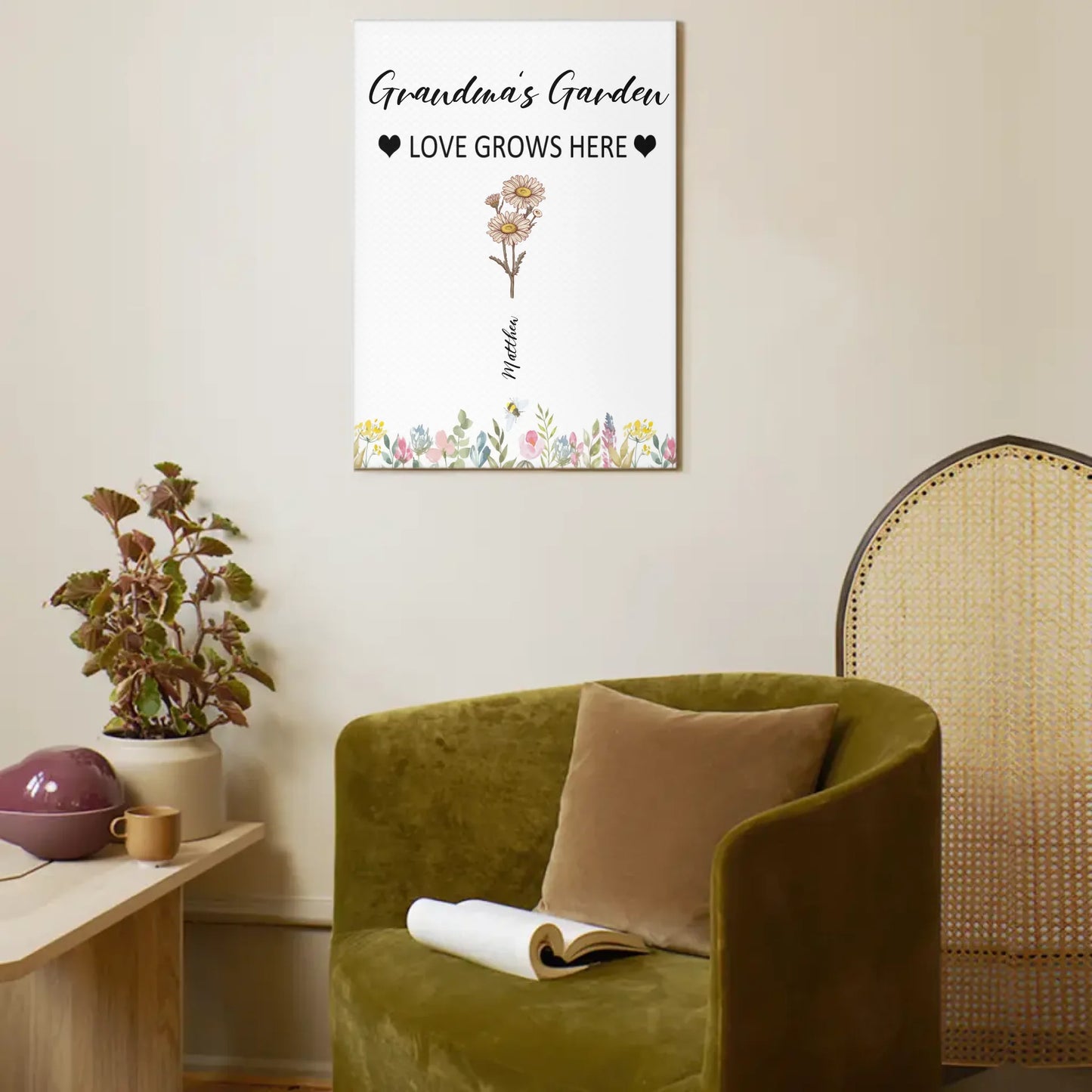 Customized Garden Themed Decorative Wall Art - Personalized Birthday Flower and Name Bush Pattern Canvas Painting - A Gift For Family,Friend,Flower Lovers